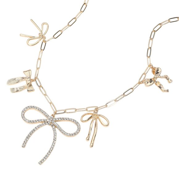 Rhinestone Crystal Bow 18K Gold Plated Charm Paperclip Chain Necklace Bracelet - Picture 3 of 5